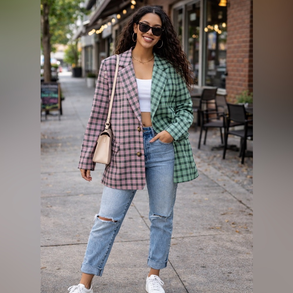 First Love Pink Green Plaid Contrast Blazer Oversized Colorblock Jacket Chic